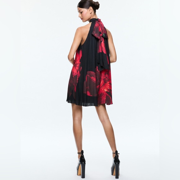 Alice + Olivia Corine Halter Tie Neck Trapeze Dress- Peony Petals Bright Ruby - Picture 3 of 3
